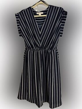Monteau Navy & White Striped V-Neck Midi Dress